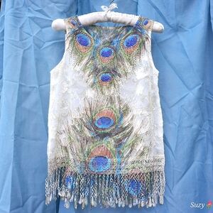 Sheer Sleevesless Blouse, Lace Fringe Hem